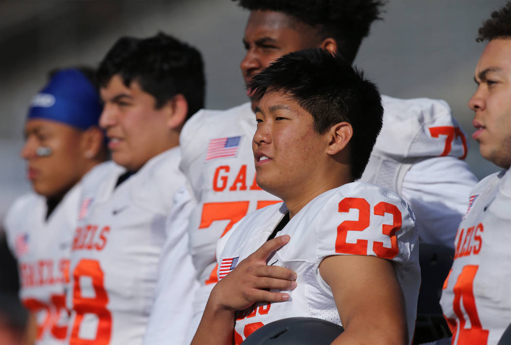 Bishop Gorman kicker Derek Ng prepares to compete in the NIAA 4A state championship football ...