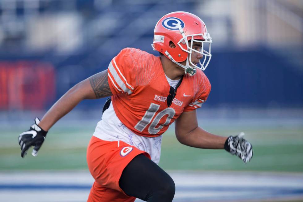 Bishop Gorman’s Palaie Gaoteote (10) during a team practice at Bishop Gorman High Scho ...