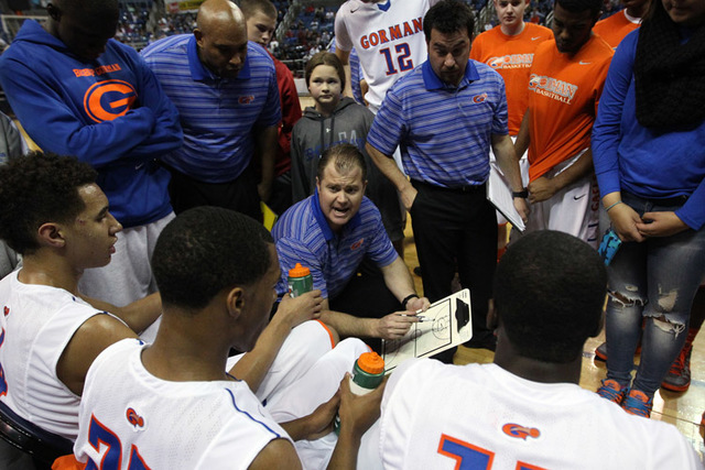 Bishop Gorman Head Coach Grant Rice talks to his team during the Division I championship gam ...