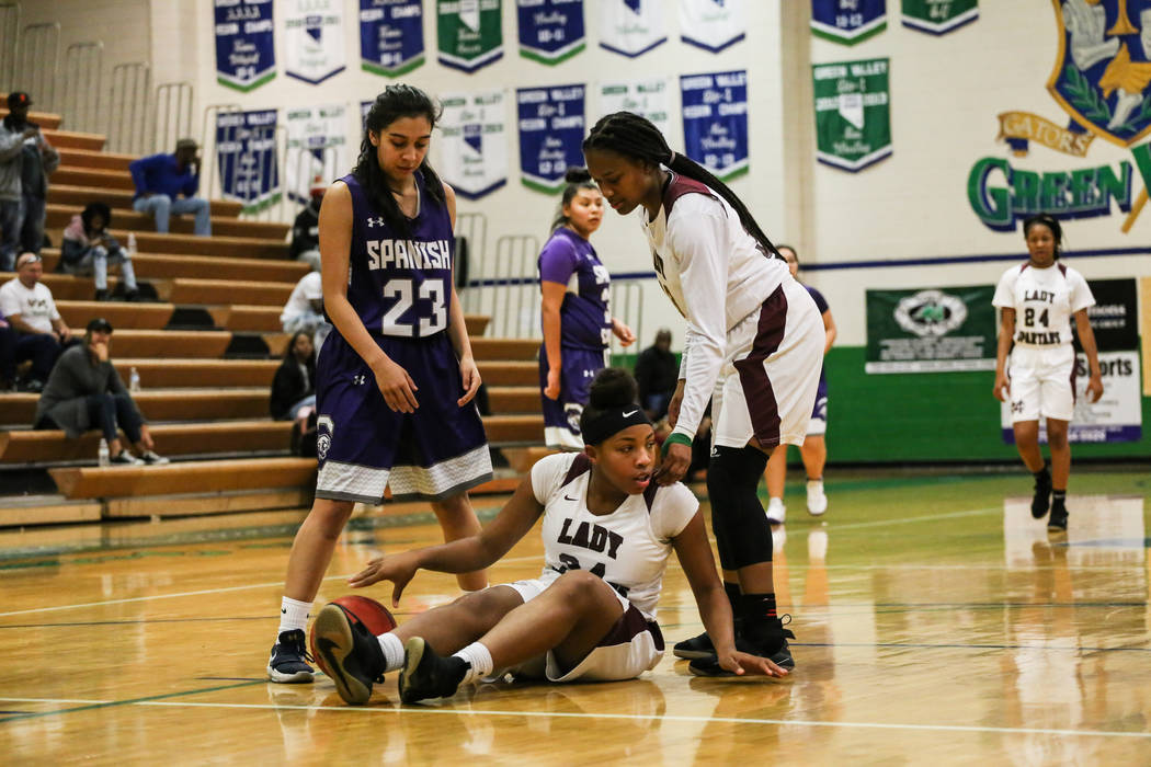 Spanish Springs’ Serena Sanchez (23) watches as Cimarron-Memorial’s Amoura Whitn ...