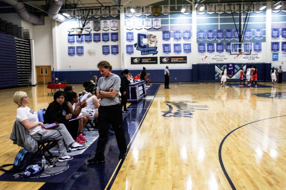 Centennial head coach Karen Weitz paces during the third quarter of the Las Vegas Holiday C ...