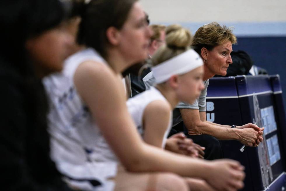 Centennial head coach Karen Weitz, right, watches the second quarter of the Las Vegas Holida ...