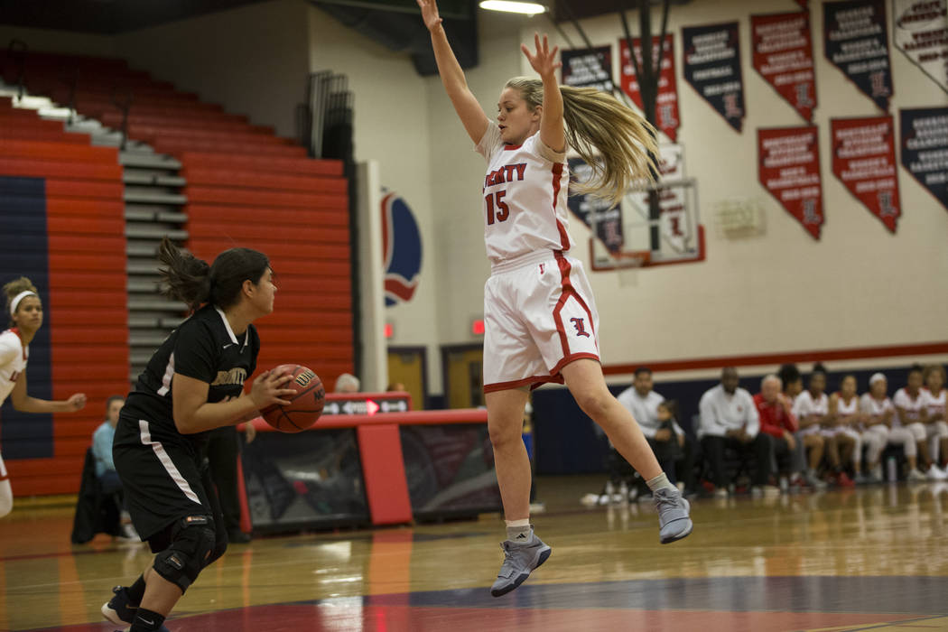 Liberty’s London Pavlica (15) plays defense against Bonita Vista in the girl’s b ...