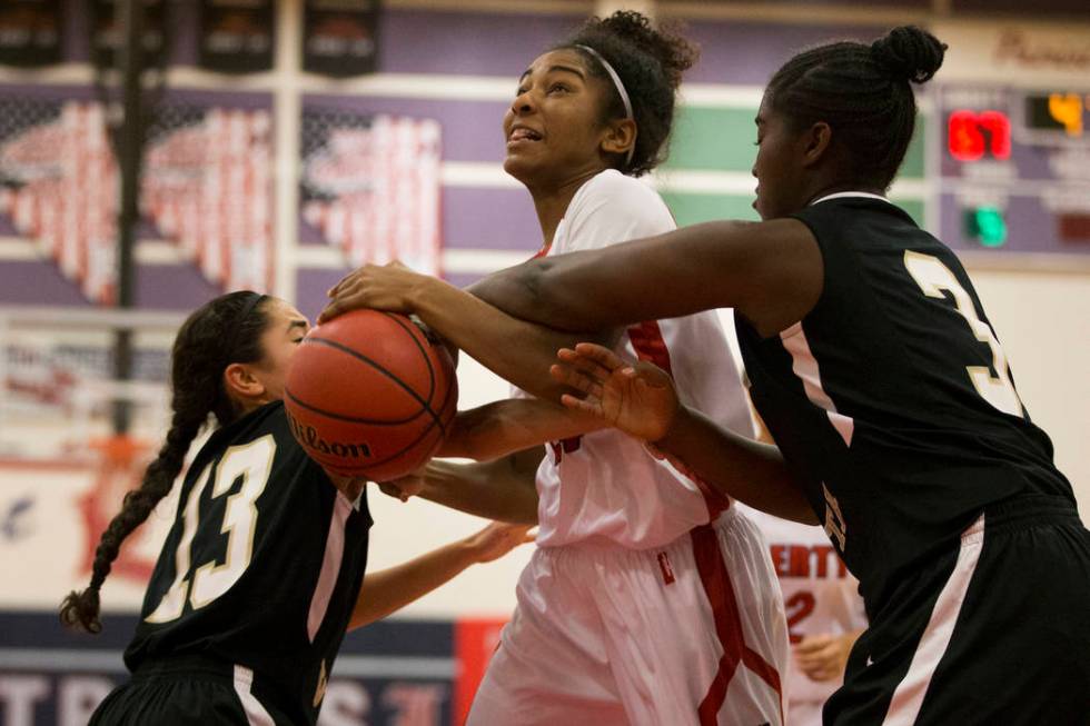 Liberty’s Trinity Vasquez (24) is pressured attempting to make a shot against Bonita V ...