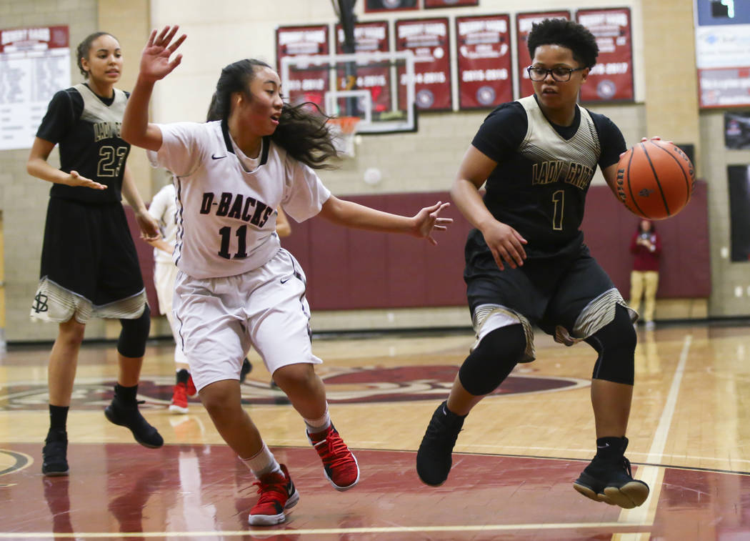 Spring Valley’s Deja McDonald (1) drives against Desert Oasis’ Kalena Halunajan ...