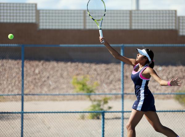 The Meadows senior Anjali Daulat returns the ball during a Division I-A state championship m ...