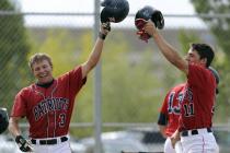 Liberty’s Giovanni Battistoni, left, and Preston Pavlica celebrate after scoring on Jo ...