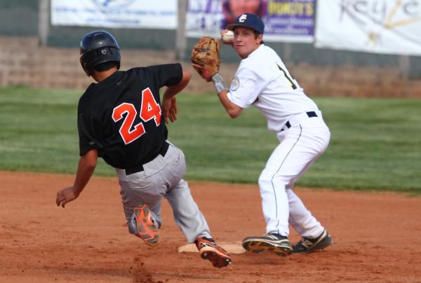 Boulder City second baseman Garrett Calloway forces out Mark Nick O’Connor of Chaparra ...