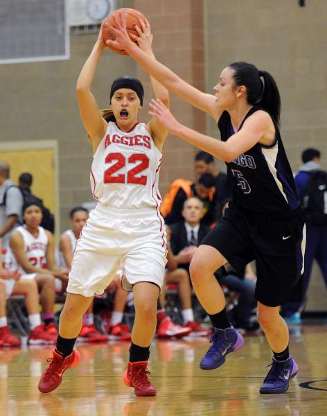 Arbor View’s Mikala Cvijanovich (22) looks to pass the ball against Durango’s Ja ...