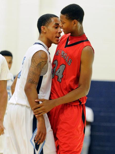 Canyon Springs’ Darrell McCall, left, and Las Vegas’ Darrell McCall share a few ...