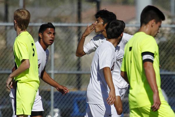 Eldorado’s Israel Hernandez (10) blows a kiss to Green Valley’s Scott Schofield ...