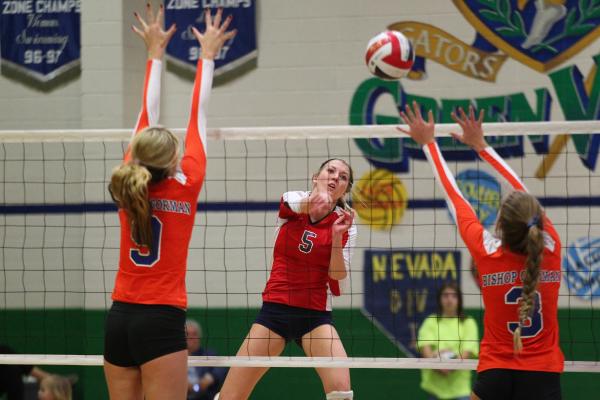 Coronado’s Taylor Jackson (5) attacks Bishop Gorman during the semifinals of the Divis ...