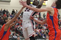 Findlay Prep’s Fallou Ndoye attempts a shot over Bishop Gorman during the BCS Challeng ...