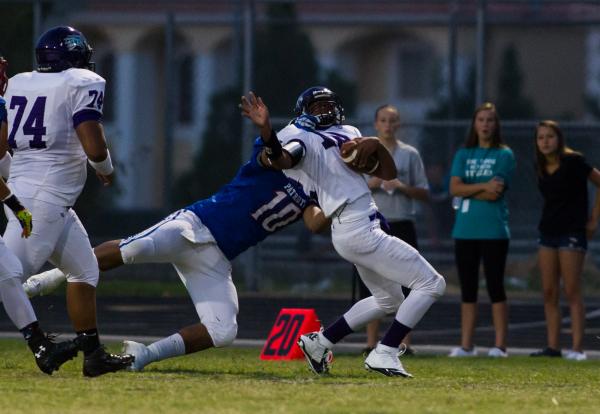 Liberty’s Noah Jefferson (10) tackles Silverado’s Armani Jones-Sailor (12) on Sa ...