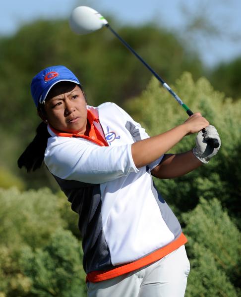 Bishop Gorman’s Katie DeJesus watches her tee shot during the Sunset Region girls golf ...