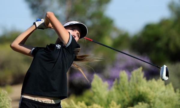 Desert Oasis’s Allison Weiderman watches her tee shot during the Sunset Region girls g ...