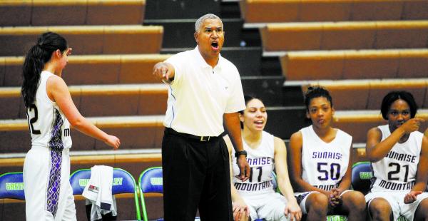 Sunrise Mountain’s coach Chris Williams directs his team against Shadow Ridge during t ...