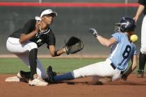 Palo Verde’s Dejanae Gage waits for a throw as Centennial’s Alyssa Finger slides ...