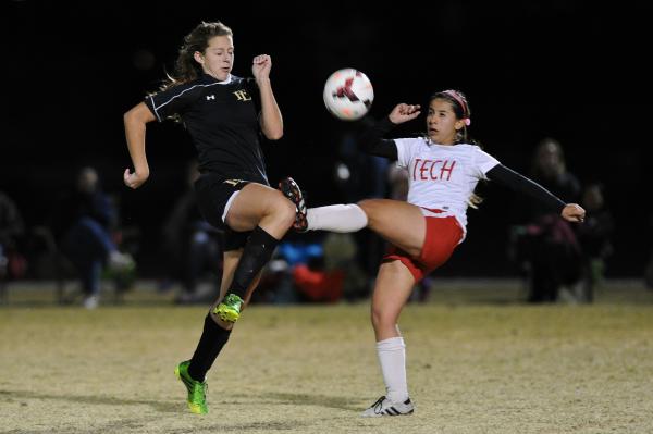 Tech’s Adriana Guzman, right, battles for possession against Faith Lutheran’s Ch ...