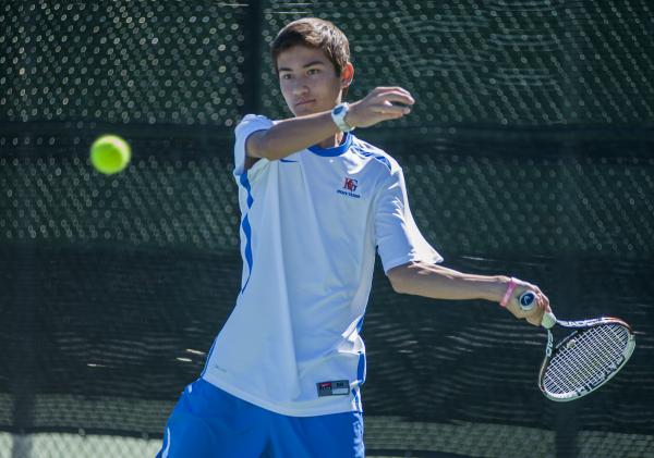 Bishop Gorman’s Dylan Levitt prepares to hit a return in the boys singles final.