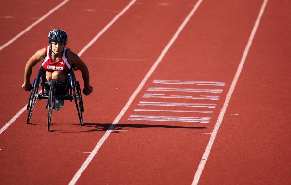 Wheelchair athlete Cheyenne Leonard, a senior at ARbor View, warms up before the start of th ...