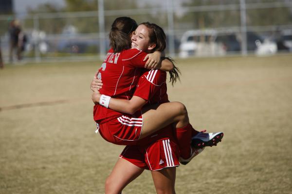 Arbor View players Bailee Davis, right, and Mia D’Arienzo celebrate after defeating Bi ...