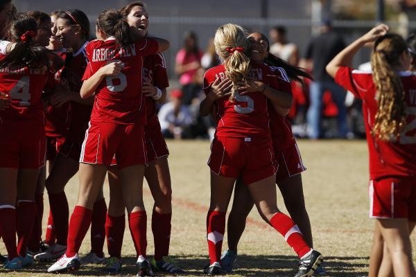 Arbor View players celebrate after defeating Bishop Gorman 2-0 in the Sunset Region champion ...