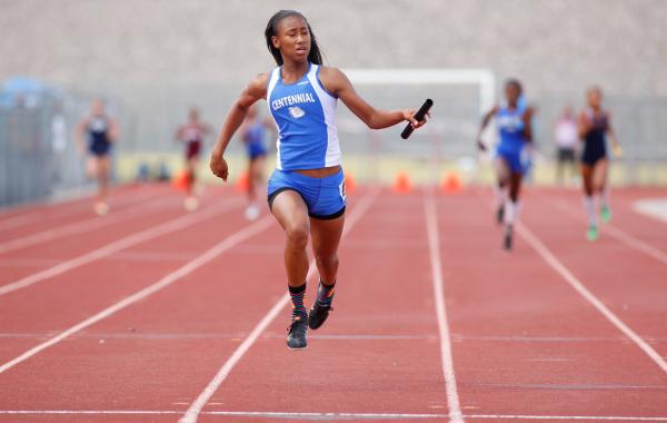 Centennial’s Tamera Williams crosses the finish line as the Bulldogs win the 800-meter ...