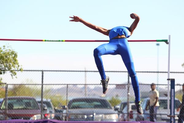 Bishop Gorman’s Randall Cunningham clears 7 feet in the Sunset Region boys high jump