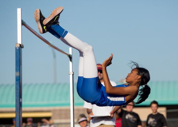 Bishop Gorman’s Vashti Cunningham clears the bar during high jump competition at the s ...