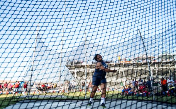 Liberty’s Ashlie Blake throws the discus during the Division I state track meet on Fri ...