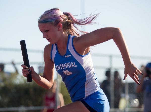 Centennial’s Tiana Bonds, shown competing in a relay race Friday in the Division I sta ...