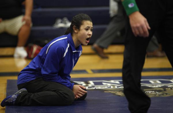 Sierra Vista wrestler Caroline Sauder cheers on a teammate during a dual meet at Sierra Vist ...