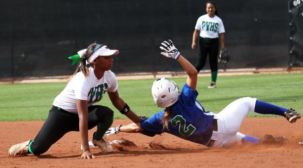 Palo Verde shortstop Dejenae Gage applies the tag to Green Valley’s Maggie Manwarren o ...