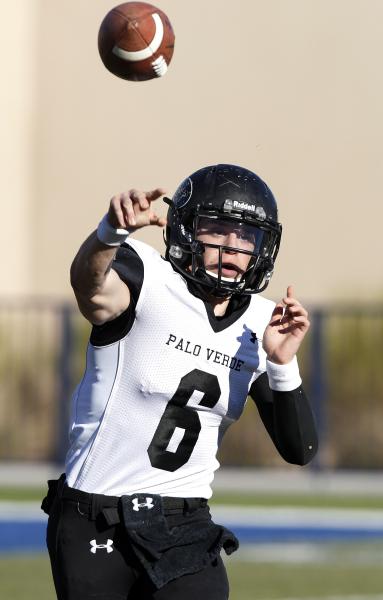 Parker Rost (6) of Palo Verde throws a pass during the Sunset Region championship game on Sa ...