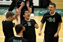 Palo Verde middle blocker/setter Zac Pacleb (2) celebrates Thursday after blocking a kill at ...