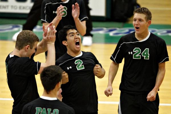 Palo Verde middle blocker/setter Zac Pacleb (2) celebrates Thursday after blocking a kill at ...