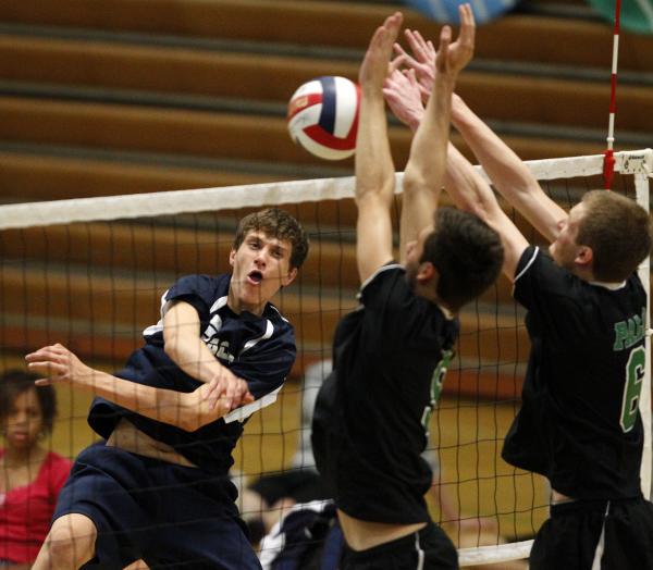 Legacy’s Trent Martin, left, has his spike attempt blocked by Palo Verde on Thursday. ...