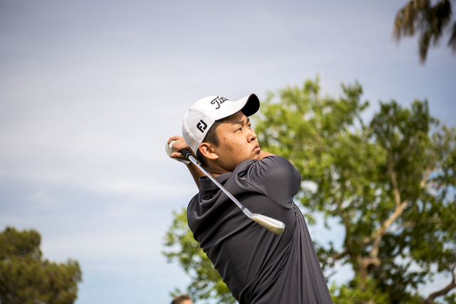 Desert Oasis golf team member Syouta Wakisaka swings during practice at Palm Valley Golf Cou ...