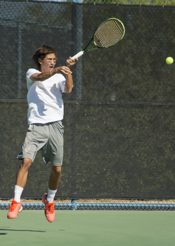 Dylan Levitt of Palo Verde High School hits the ball during the Nevada state championship te ...