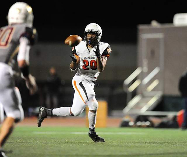 Chaparral wide receiver Richard Nelson catches a pass against Faith Lutheran in the second h ...