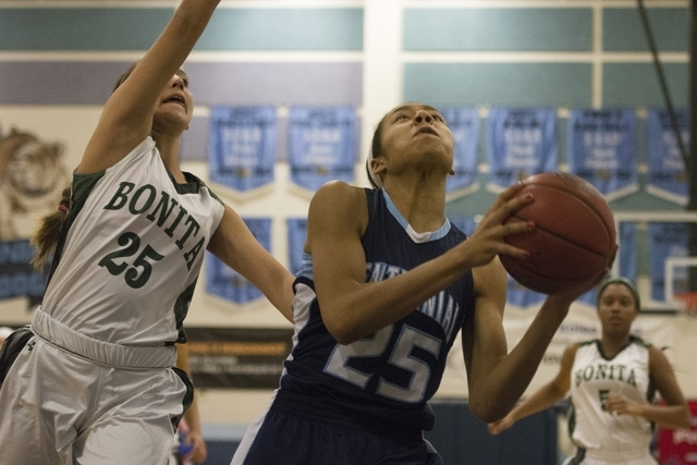 Centennial High School‘s Samantha Thomas (25) drives against Bonita High School‘ ...