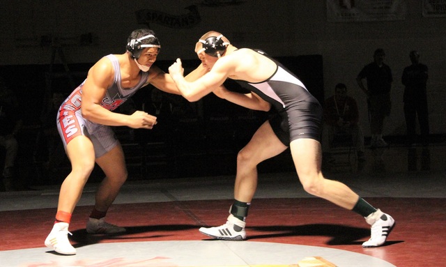 Arbor View’s J.J. Tuinei, left, and Palo Verde’s Jonathan Carpenter battle durin ...