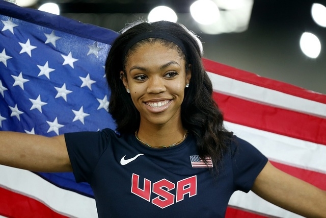 Vashti Cunningham of the U.S. smiles after winning the gold medal in women’s high jump ...