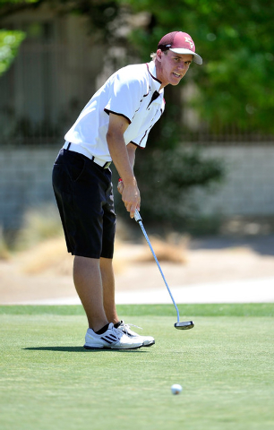 Pahrump Valley’s Kyle Steib shoots on the fifth hole during the final round of the Div ...