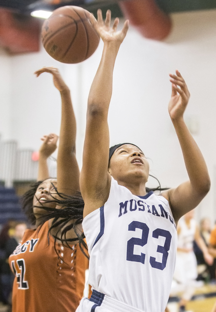 Shadow Ridge’s Isis Triplett (23) is fouled by Legacy’s Zania Watkins (42) on he ...