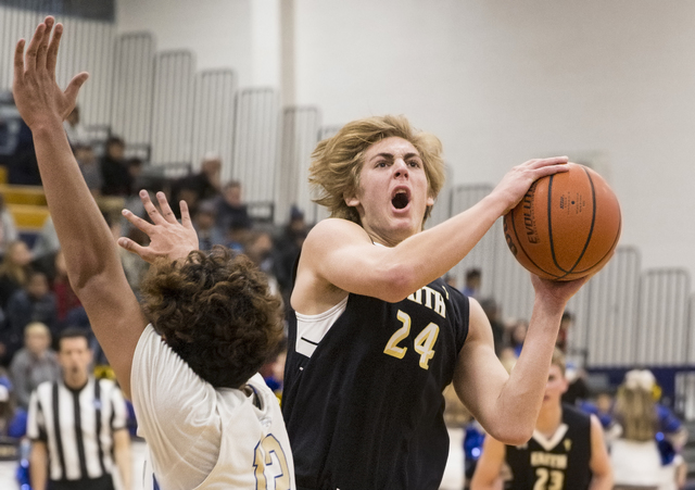 Faith Lutheran’s Nic Maccioni, right, drives around Sierra Vista’s Maui SeraJose ...