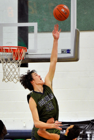 Oakland Soliders’ Stephen Zimmerman goes up to block a shot during a Las Vegas Classic ...