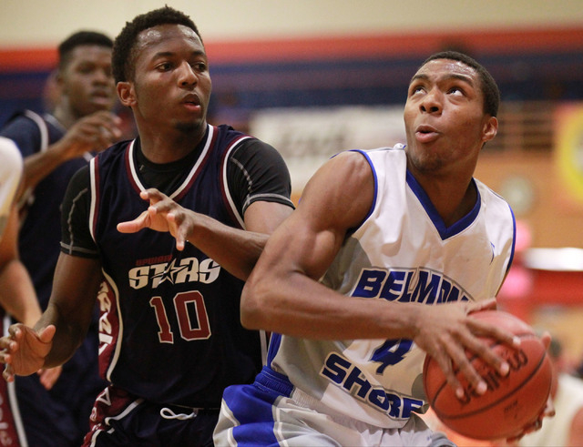 Belmont Shore’s Nick Blair (4) drives past Upward Stars’ Randall Shaw (10) in th ...