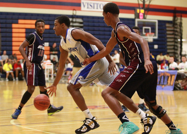 Belmont Shore’s Nick Blair (4) drives the ball as Upward Stars’ PJ Dozier, right ...